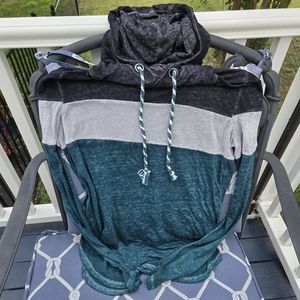 Maurices Teal & Gray Colorblock Hoodie Burnout Lightweight Tissue Top Women's M